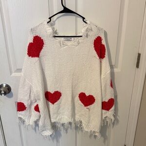 Chicwish White Knit Sweater with Red Hearts